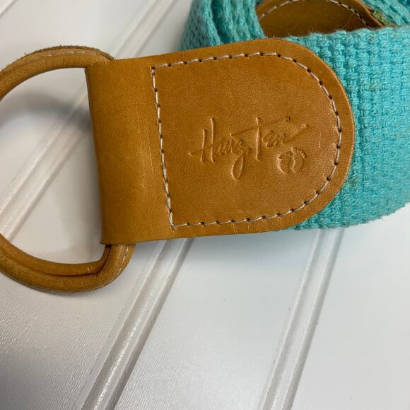 Vintage 70s Aqua Twill Wide Belt Light Tan Leather Hang Ten - Picture 2 of 6